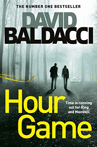 Book cover: "Hour Game" by David Baldacci, depicting two figures in a forest.