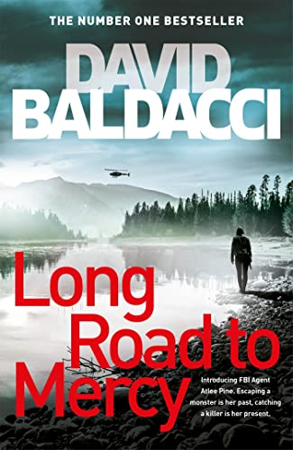Book cover: "Long Road to Mercy" with a lone figure by a lake.