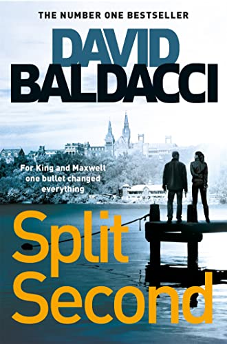 Book cover: “Split Second” by David Baldacci, featuring two figures on a dock.