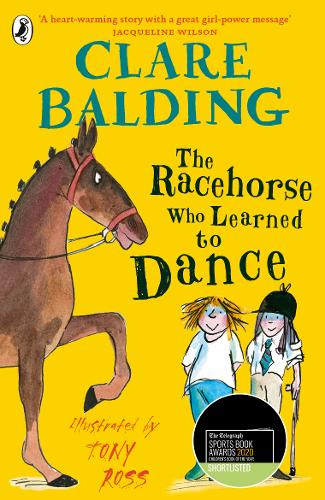 "Book cover featuring a cartoon horse and two girls on a yellow background."