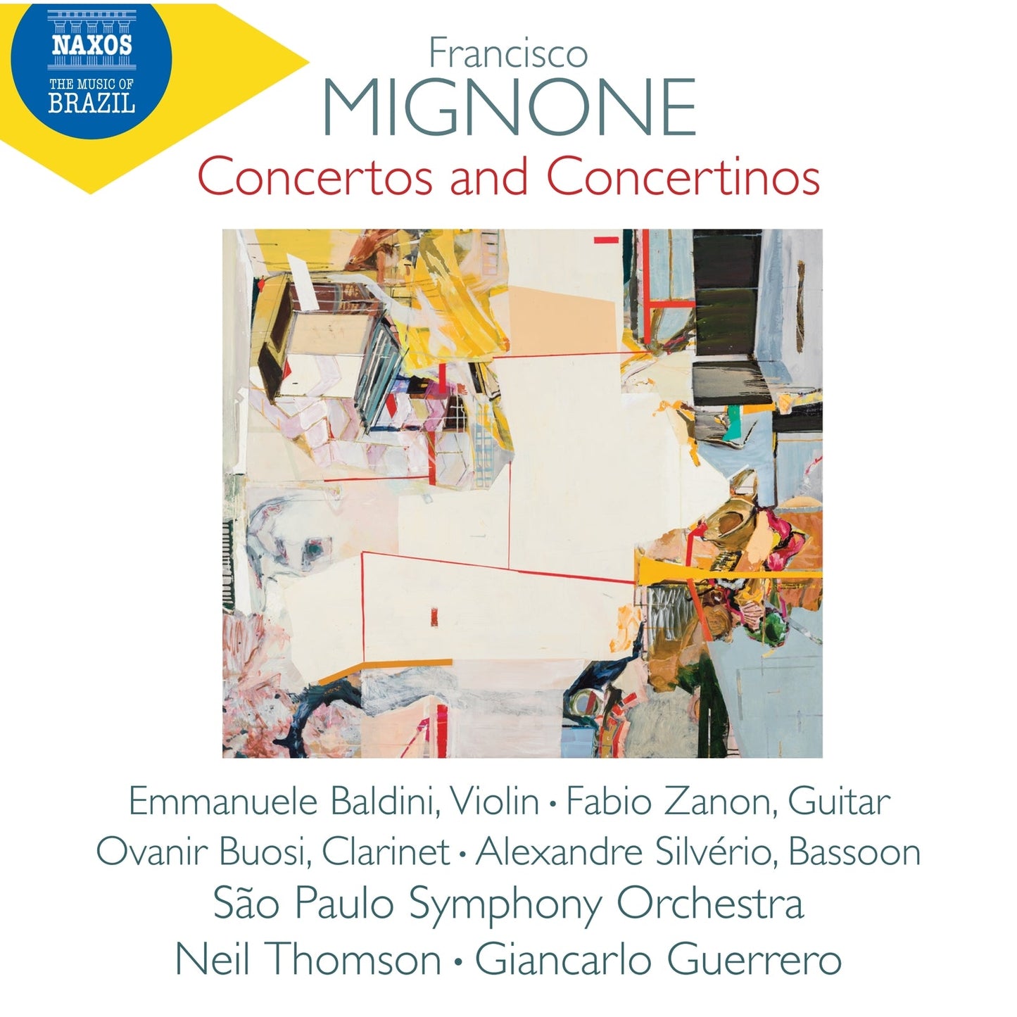 CD cover for Francisco Mignone concertos with abstract colorful artwork.
