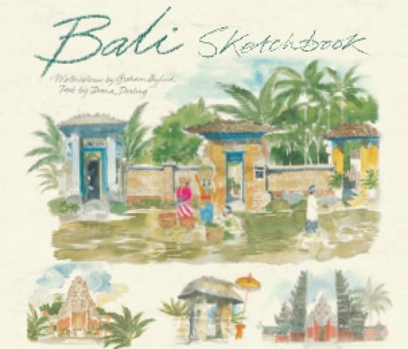 Watercolor cover of Bali Sketchbook featuring Balinese architecture, palm trees, and local figures.