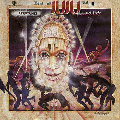 "Album cover with a large, ornate mask and dancing figures, 'Best of Juju' title."