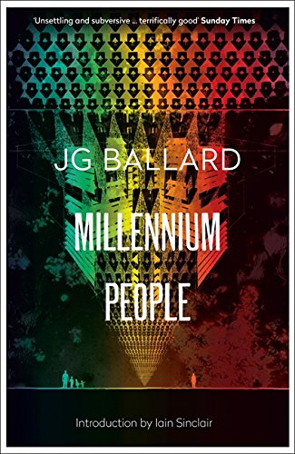Book cover for "Millennium People" by J.G. Ballard with abstract, colorful design.