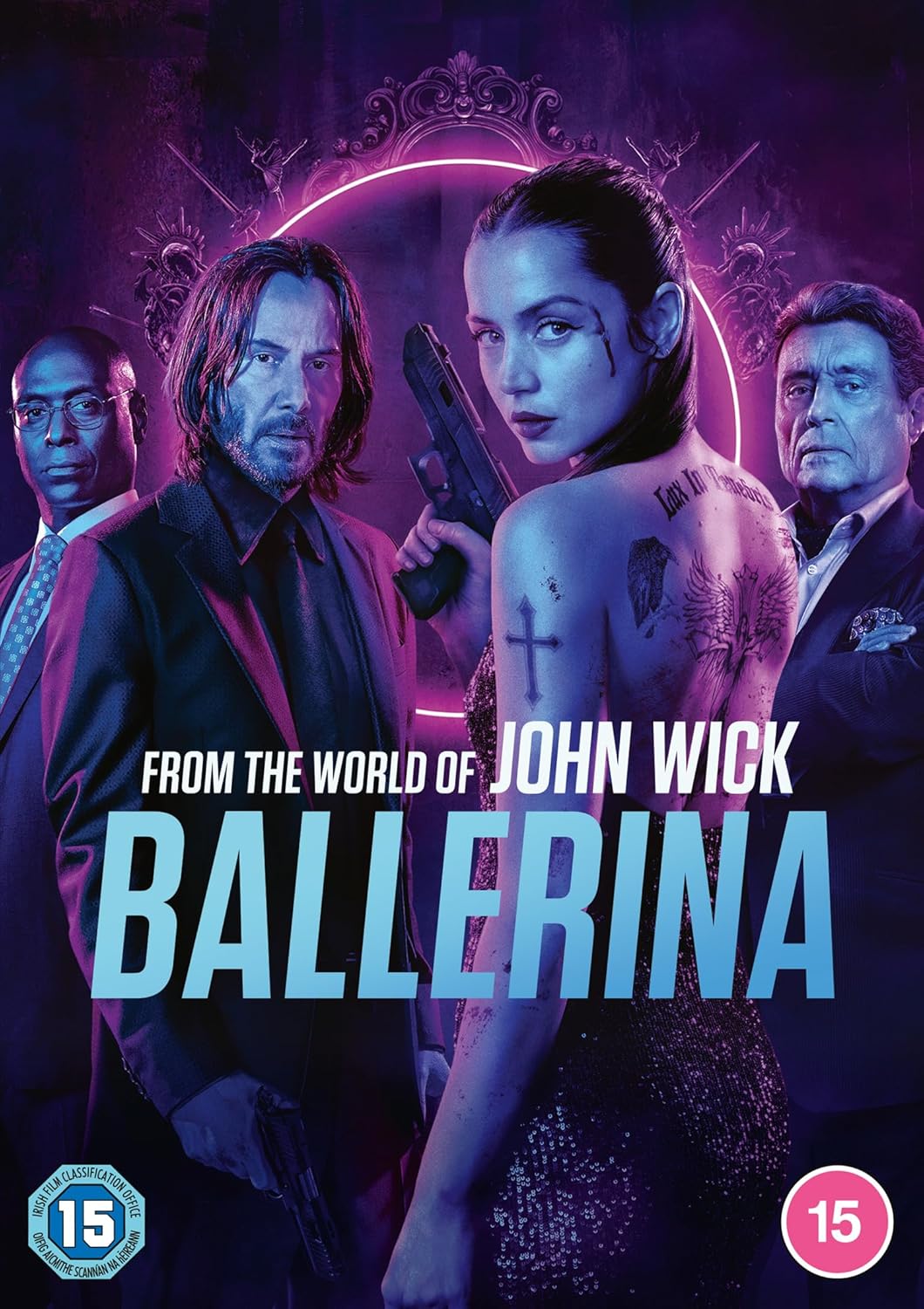 DVD cover for "Ballerina," featuring a woman with a gun and three men.