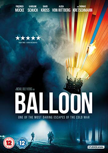 A hot air balloon flies over a dark landscape on the Balloon DVD cover.