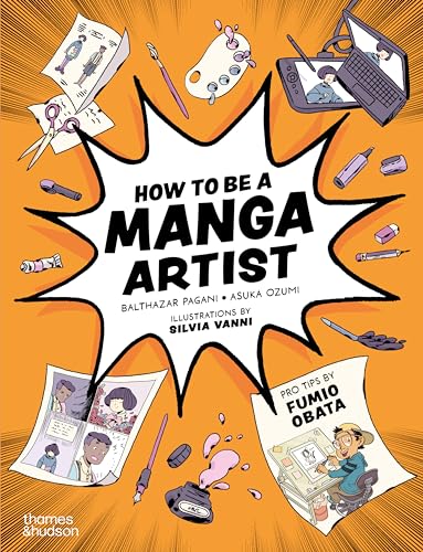 Book cover titled How to be a Manga Artist surrounded by various art supplies.