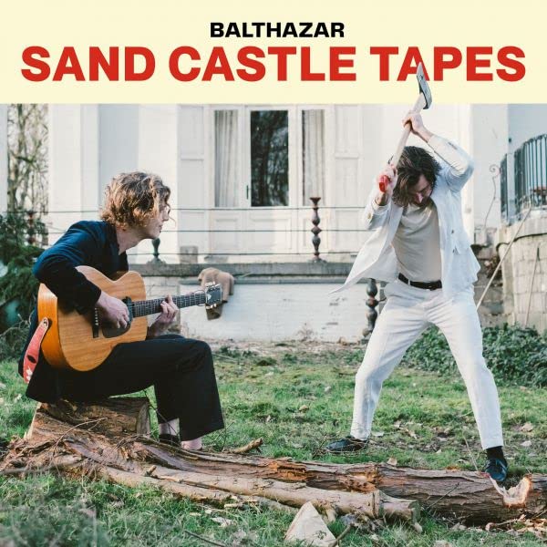 Two men with a guitar and axe on a lawn, album cover.