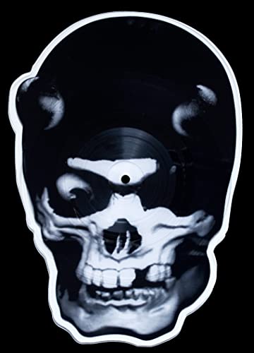 Skull-shaped vinyl record with a central eyehole and dark grooves.