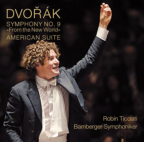 Conductor Robin Ticciati in a tuxedo, raising his arm, on a CD cover.