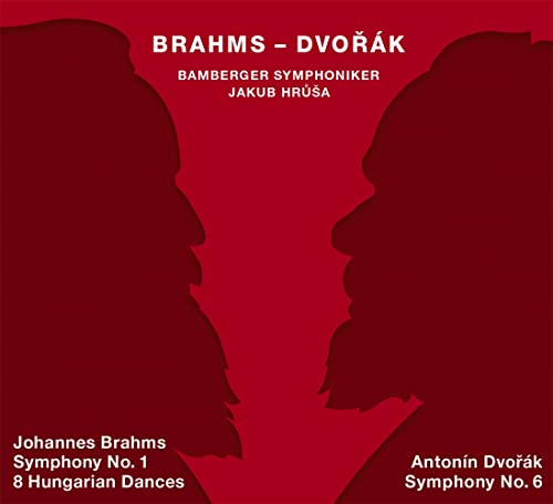 CD cover with silhouettes of Brahms and Dvořák facing each other on red background.