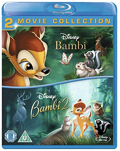 Blu-ray cover for Disney’s “Bambi” and “Bambi 2” featuring deer and forest scenes.