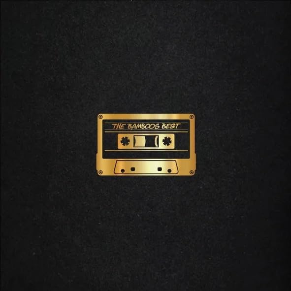 Gold cassette tape graphic on a textured black background.