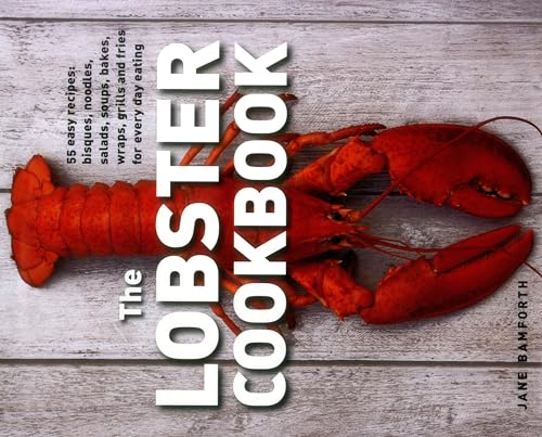 Cookbook cover featuring a cooked red lobster on a light grey wooden background.