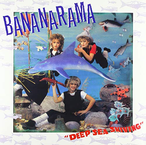 Bananarama album cover: three women in diving gear underwater with sharks.
