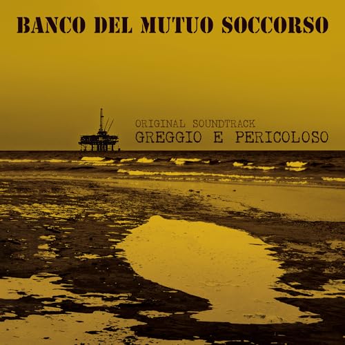 Vinyl record cover: oil rig at sea, golden and brown tones.