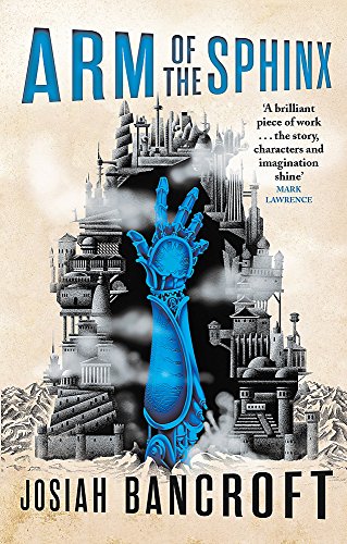 Book cover: fantastical city and robotic arm against a mountain backdrop.