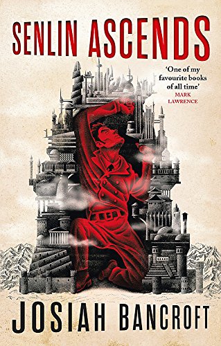 Book cover showing a man in red kneeling before a towering, complex stone city.