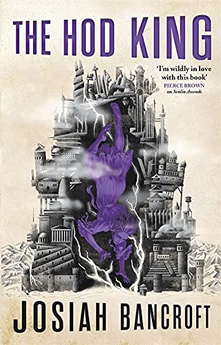 Book cover: fantastical purple figure atop a detailed, towering city.