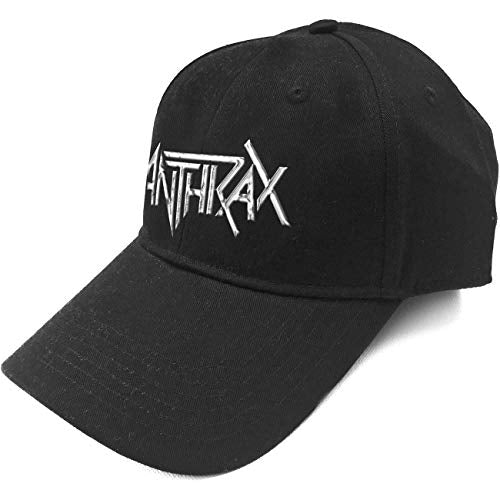 Black baseball cap with an embroidered silver Anthrax band logo on the front.