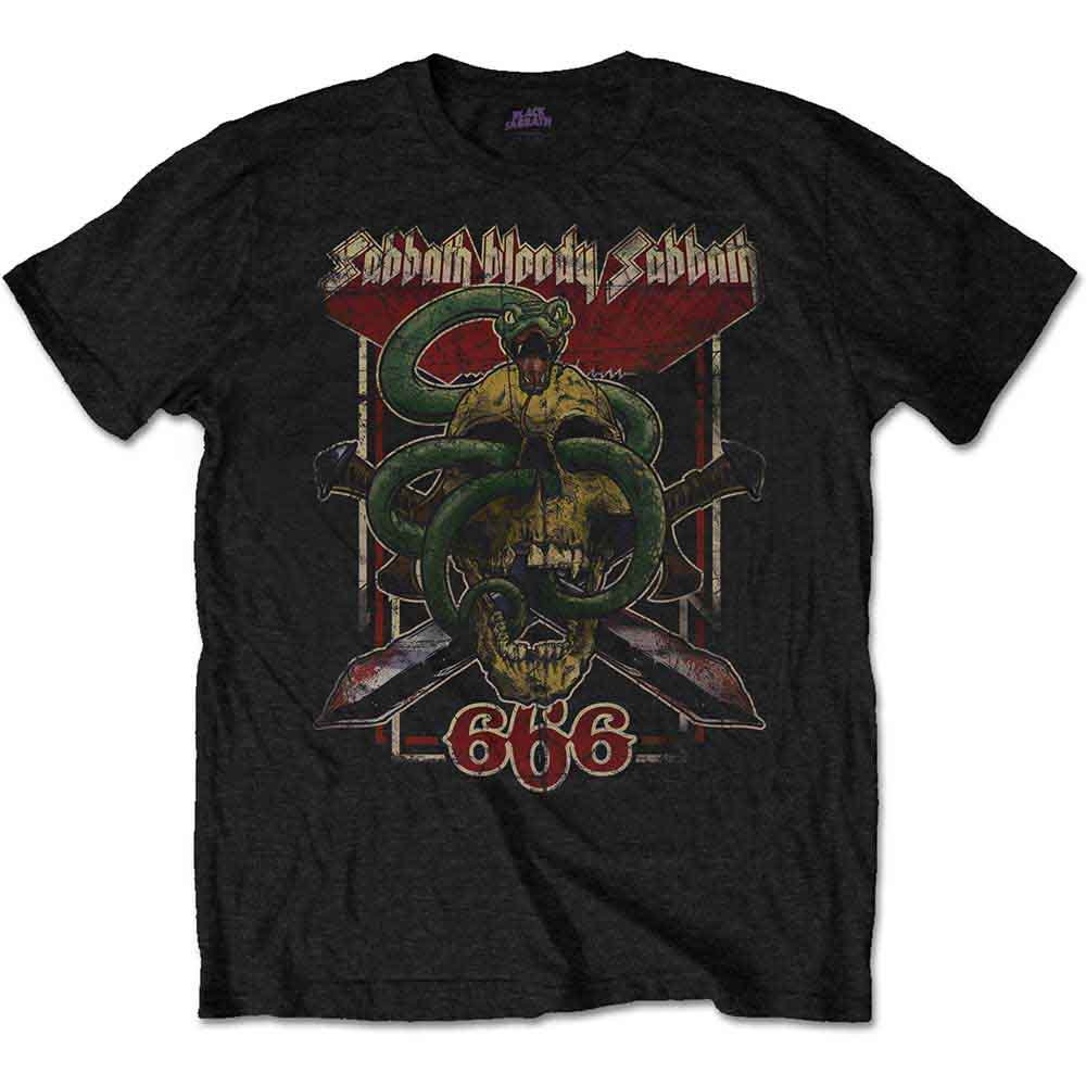 Black t-shirt with a skull, snake, crossed knives, and "666" graphic.