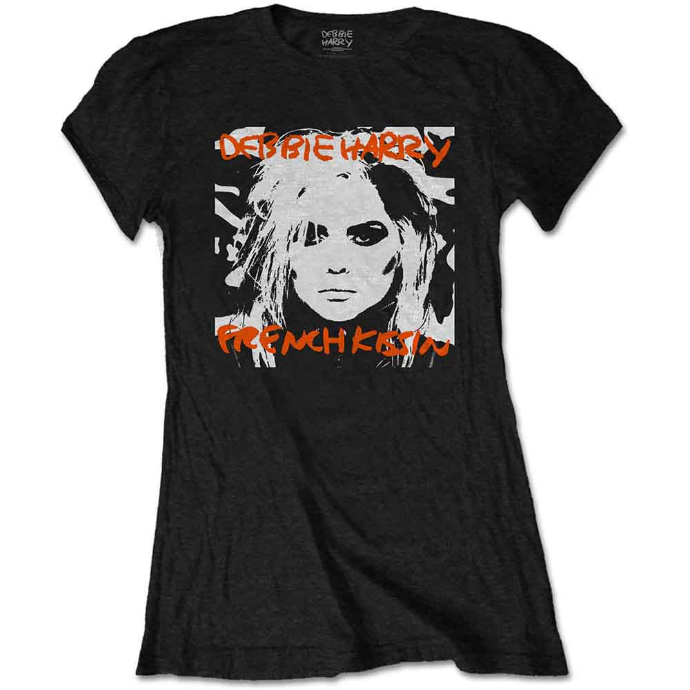 Black t-shirt with a graphic of Debbie Harry and "French Kiss" text.
