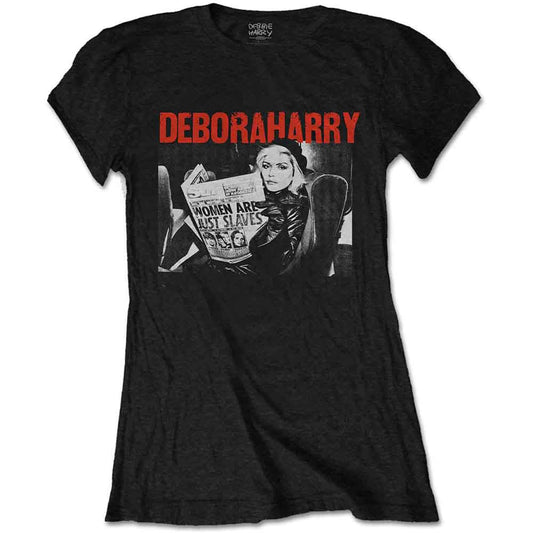 Black t-shirt with a graphic print of Deborah Harry, worn by a model.