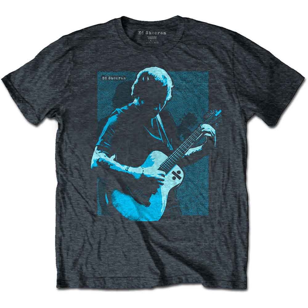 Black t-shirt with a blue and white image of Ed Sheeran playing guitar.