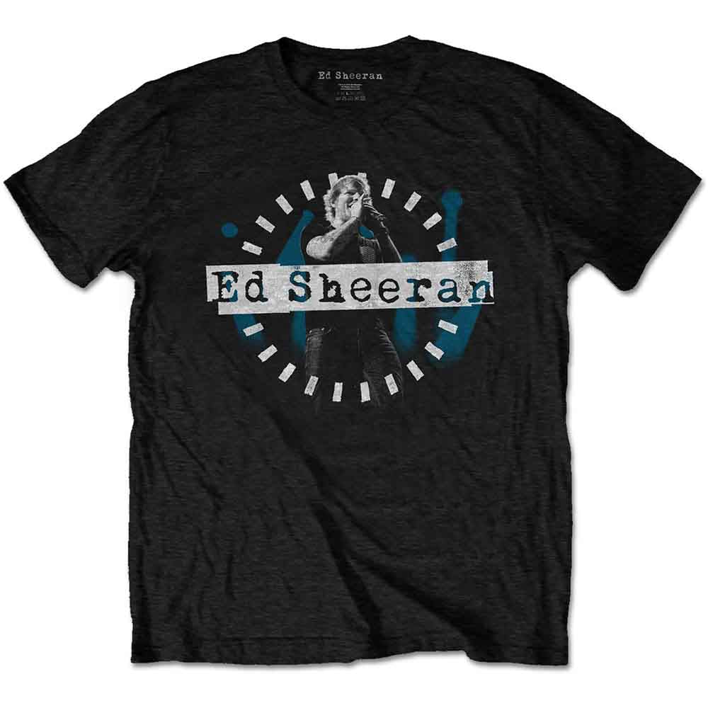 Black t-shirt with a circular graphic of Ed Sheeran on stage.