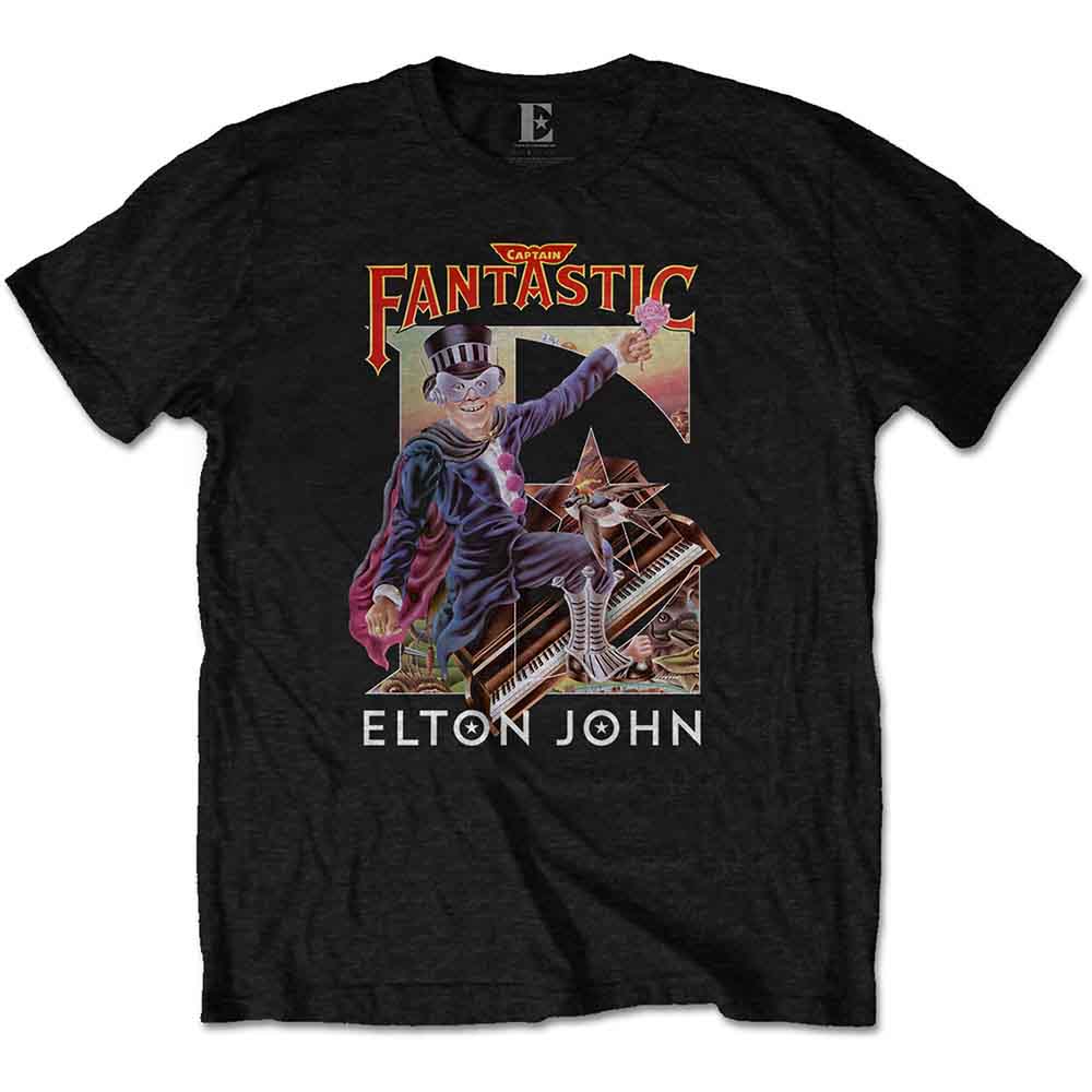 Black t-shirt with album art featuring Elton John as Captain Fantastic.
