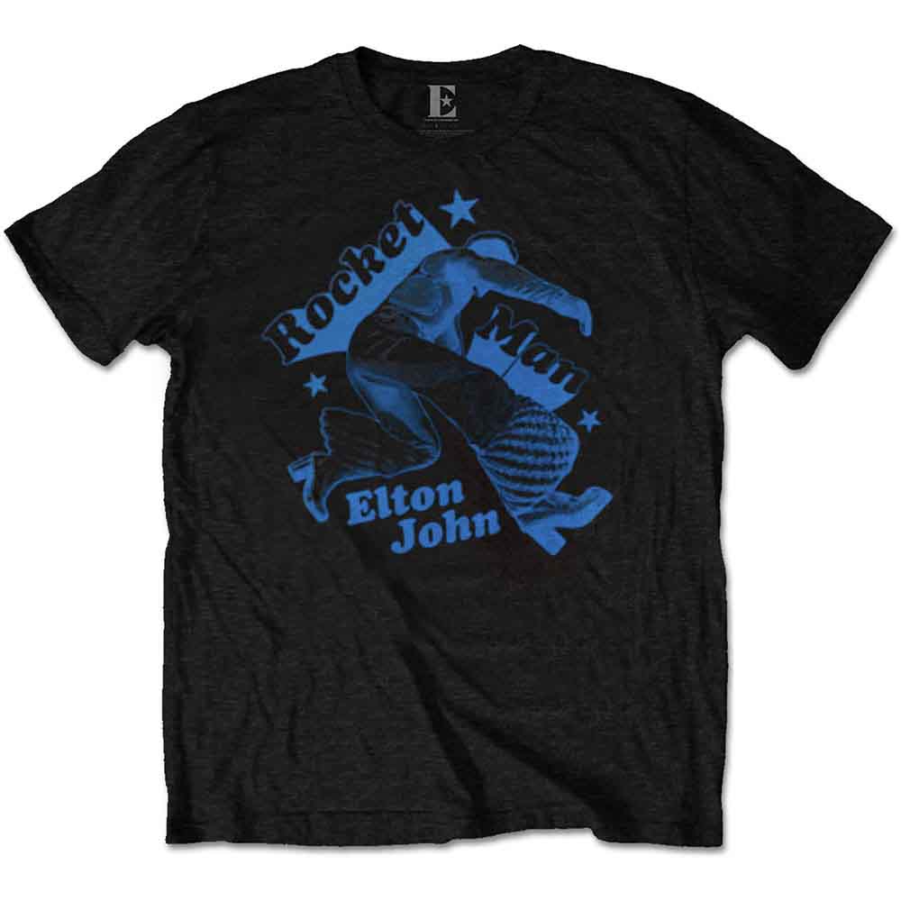 Dark grey t-shirt with a blue “Rocket Man” graphic and Elton John’s name.