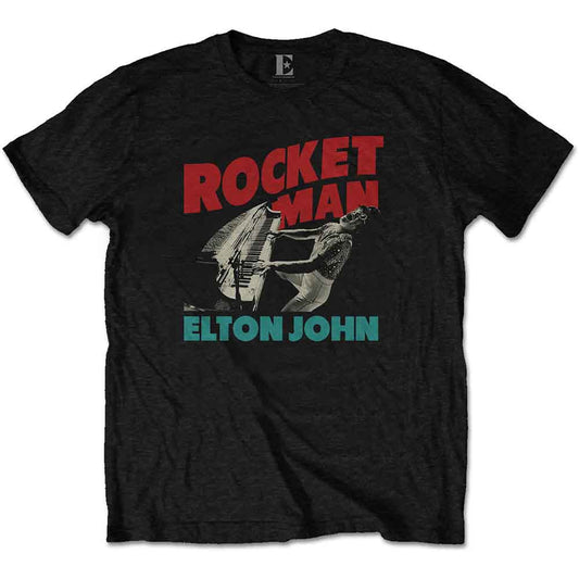 Black t-shirt with "Rocketman" graphic featuring Elton John at a piano.