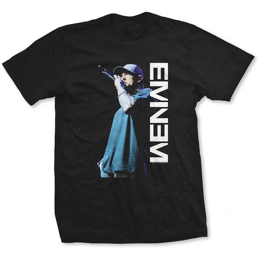 Black t-shirt with a graphic of Eminem performing, and his name vertically.