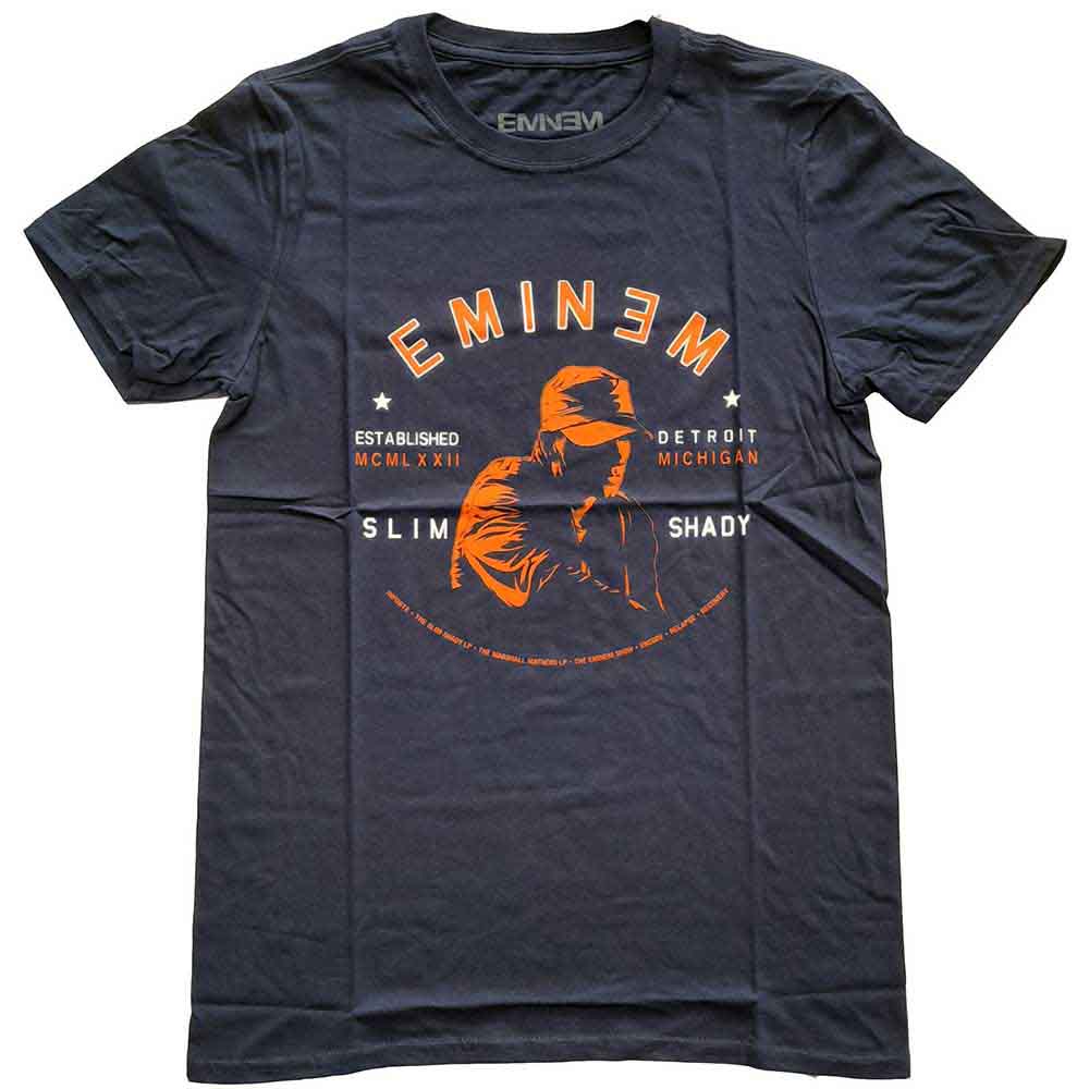 Navy blue t-shirt with a red and white portrait of Eminem.