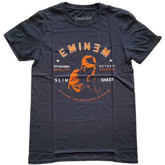 Navy blue t-shirt with a red and white portrait of Eminem.