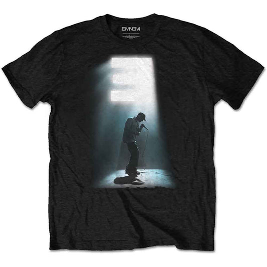 Black t-shirt with a graphic of Eminem performing under a bright light.