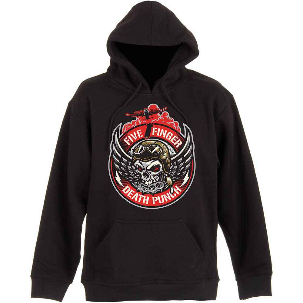 Black hoodie with a circular skull and wings graphic on the chest.