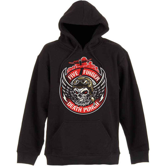 Black hoodie with a circular skull and wings graphic on the chest.