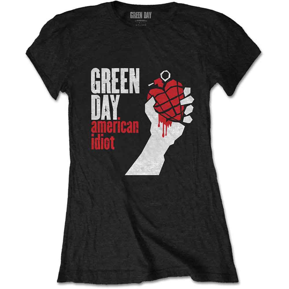 White women’s t-shirt with black and red Green Day “American Idiot” graphic.