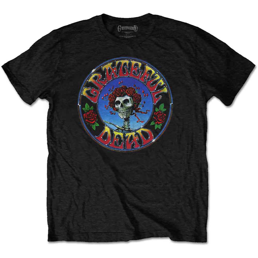Black Grateful Dead t-shirt with colorful skull and roses graphic.