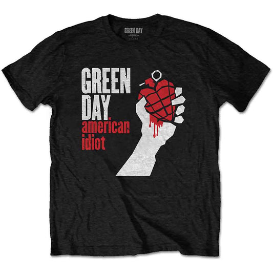 White t-shirt with black and red graphic of a hand holding a heart-shaped grenade.