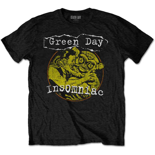 Black Green Day Insomniac t-shirt featuring a graphic of a person hugging a monkey.