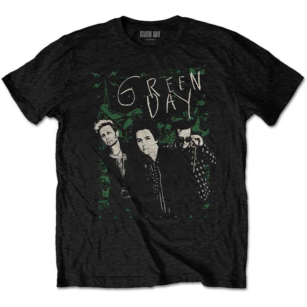 Black Green Day t-shirt with band image and green lightning graphic.