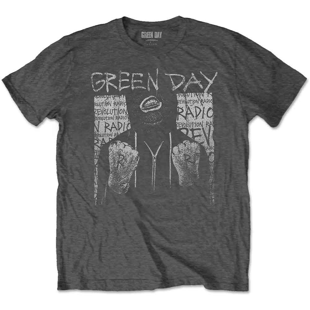 Gray Green Day t-shirt with a distressed graphic of a ski mask.