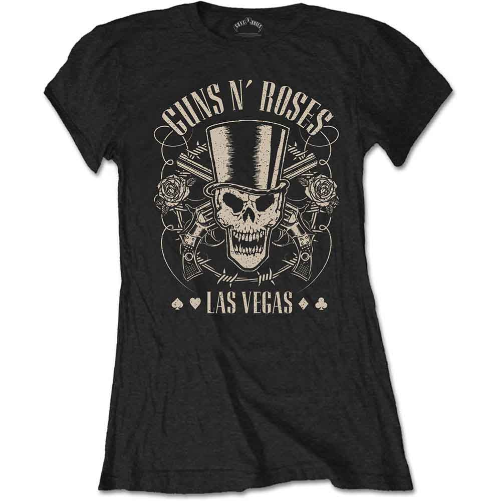 Black women's t-shirt with Guns N' Roses skull and roses graphic.
