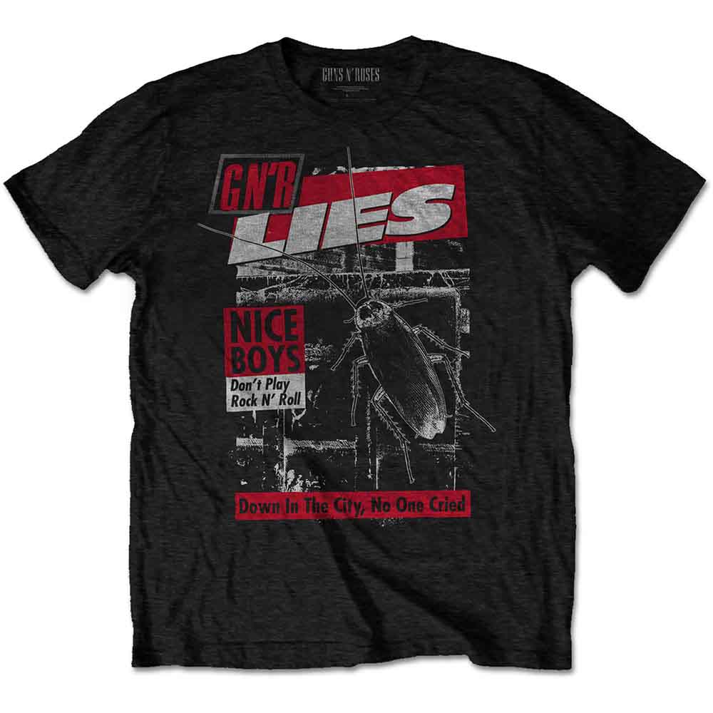 Black t-shirt with Guns N' Roses "Lies" album artwork, worn by a man.