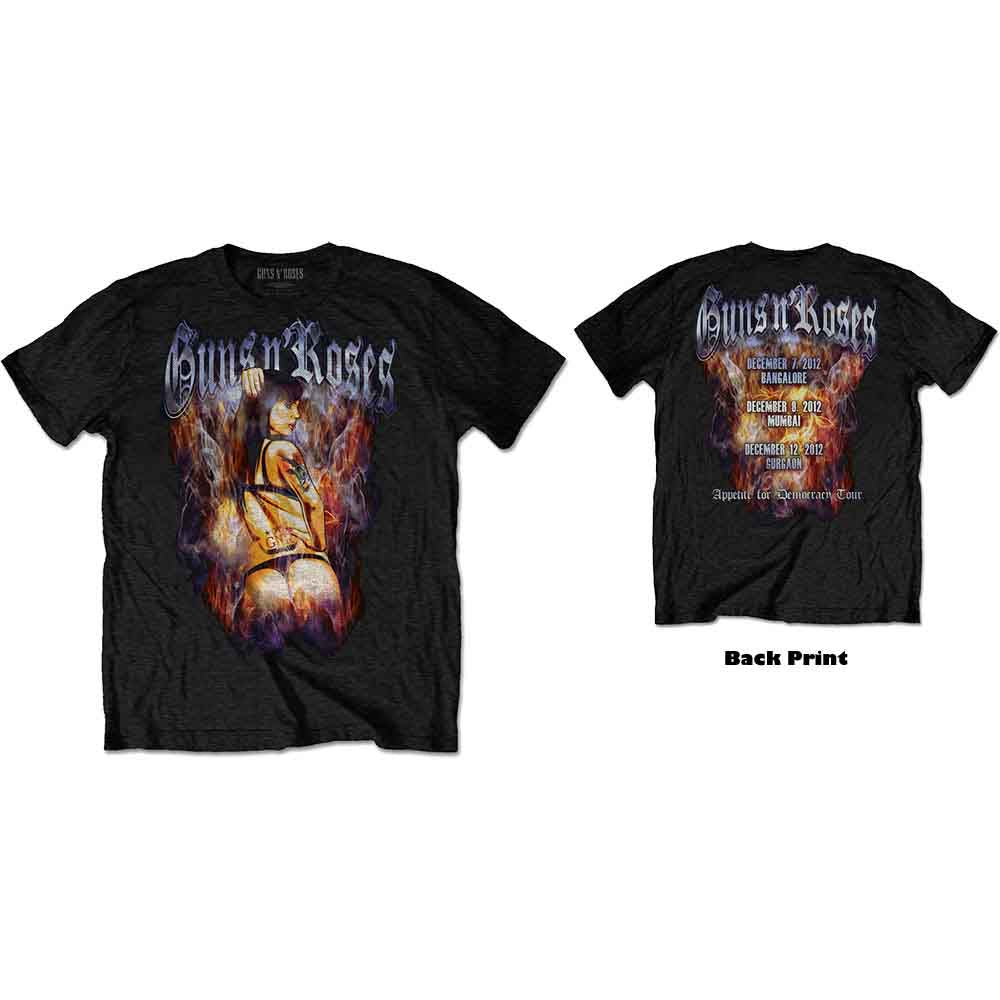 Black Guns N' Roses t-shirt with a large back print of a woman in flames.