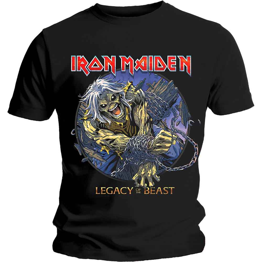 Black t-shirt featuring Eddie from Iron Maiden chained within a blue circle.