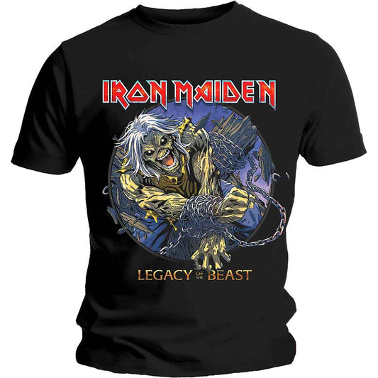 Black t-shirt featuring Eddie from Iron Maiden chained within a blue circle.