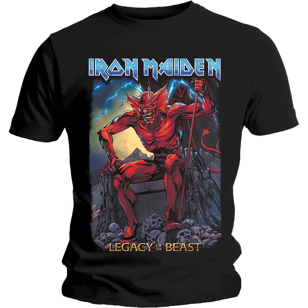 Man wearing black Iron Maiden t-shirt with devil graphic.